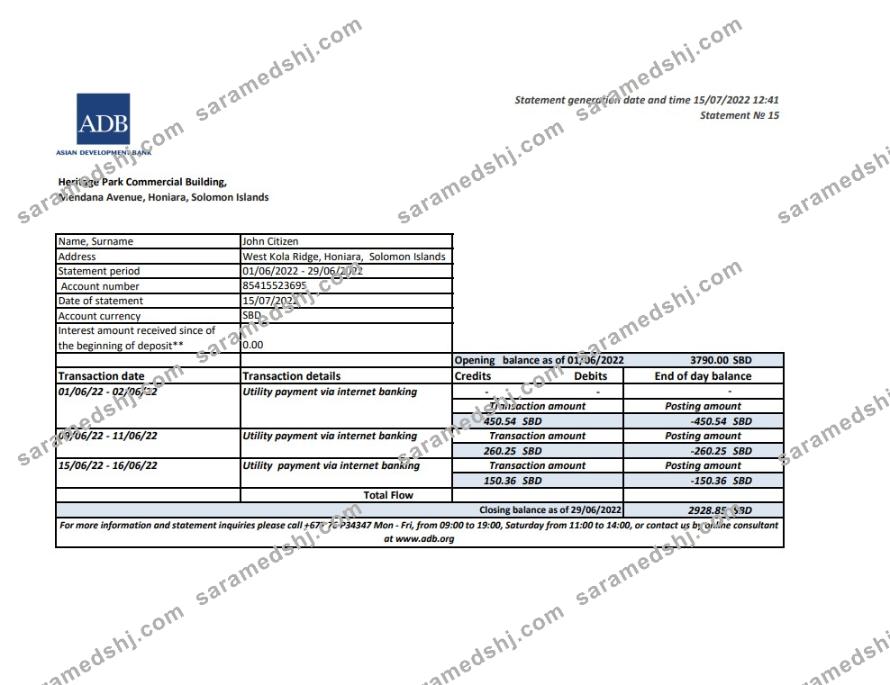 Solomon Islands ADB bank statement, Excel and PDF template